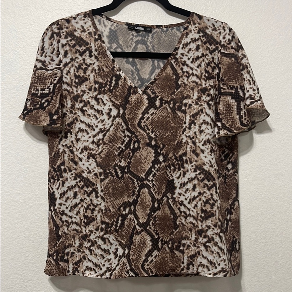 SHEIN Brown Cream Boxy Short Sleeve Blouse Size Small PTP 19” EUC